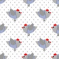 French style birdie seamless pattern on polka dots background. Cartoon parisian bird vector illustration.