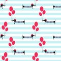 French style dog holding balloons seamless pattern on striped background.
