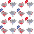 French style dressed birds saying bonjour (hello) seamless pattern on white background.