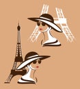 french style elegant woman wearing hat by eiffel tower vector fashion portrait