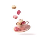 French sweet cookies macarons macaroons in vintage pink cup flying isolated on white background Royalty Free Stock Photo