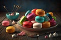 French sweet treat on a plate, colorful macaroons. Generative AI