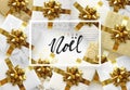 French text Joyeux Noel. Christmas vector background with gift box with gold bow. Royalty Free Stock Photo