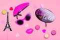 French theme photo props - lips, mustaches, gift box and macaroons on pink Valentines day background