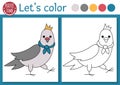 French themed coloring page for children with pigeon in blue scarf. Vector French outline illustration. Color book for kids with