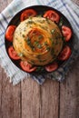 French timbale of pasta with cheese and vegetables. vertical top Royalty Free Stock Photo
