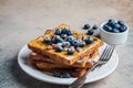 French toast with blueberries, pecan and maple syrup for breakfast on white plate Royalty Free Stock Photo