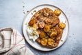 French toast with caramelized banana and pistachios