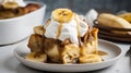 French toast with caramelized bananas and whipped cream. Selective focus. Royalty Free Stock Photo