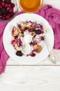 French toast casserole with berries and vanilla ice cream on white wooden background Royalty Free Stock Photo