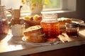 French toast with homemade honey in sunlit kitchen. Breakfast on a plate on sunny day
