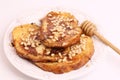 French toast with honey syrup croutons pine nuts breakfast sweet dessert selective soft focus Royalty Free Stock Photo