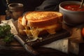 French toast sandwich with cheese and tomato sauce on a wooden background Royalty Free Stock Photo