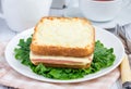 French toasted sandwich Croque monsieur on a plate