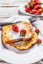 French Toasted with strawberry. Healthy Breakfast. White background. Top view Royalty Free Stock Photo