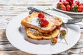 French Toasted with strawberry. Healthy Breakfast. White background. Top view Royalty Free Stock Photo