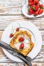 French Toasted with strawberry. Healthy Breakfast. White background. Top view Royalty Free Stock Photo