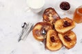 French toasts on a gray table with breadcrumbs. Fried bread with milk and scrambled eggs. Top view, place for text. Minimal Royalty Free Stock Photo