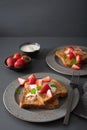 French toasts with yogurt and strawberries for breakfast Royalty Free Stock Photo