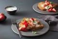 French toasts with yogurt and strawberries for breakfast Royalty Free Stock Photo