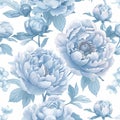 french toile pattern of beautiful light blue peony flowers