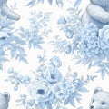 french toile pattern of beautiful light blue peony flowers