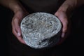 French tomme cheese in the hands of a cheesemaker Royalty Free Stock Photo