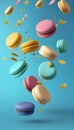 Floating abstract macaroons on plain blue background. Generative AI illustration
