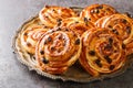 French traditional pastries Pains aux raisins closeup in the plate. Horizontal