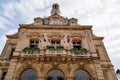 French tricolor and europa flag on mairie text building mean city hall in town center of Palavas-les-Flots in france