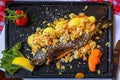 French trout almondine with potatoes at a winstub restaurant Strasbourg, France Royalty Free Stock Photo