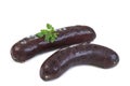 French typical black pudding with onion or boudin noir, on white background