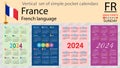 French vertical set of pocket calendar for 2024. Week starts Sunday