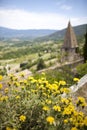 French village/church view with flowers, provence, Royalty Free Stock Photo