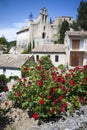 French village/church view with flowers, provence, Royalty Free Stock Photo