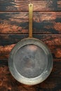 French Vintage Copper saute pans, kitchen utensil on wooden background Royalty Free Stock Photo