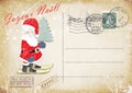 French Vintage Grunge Postcard Hand Drawing Gay Dwarf Ski, Greeting Merry Christmas. Illustration