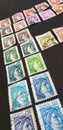 French vintage stamps with Marianne, face value in french francs