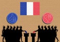 French voters crowd silhouette in election with thumb icons and France flag graffiti