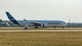 French wide-body passenger aircraft Airbus A-350 moves along runway of Gromov Flight Research Institute airfield