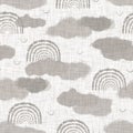 French woven linen texture doodle shape background. Ecru flax grey scribble motif seamless pattern. Rough greige block