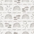 French woven linen texture doodle shape background. Ecru flax grey scribble motif seamless pattern. Rough greige block