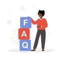 Frequently asked questions concept. African woman with large cubes with letters FAQ. Customer support and online help