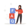 Frequently asked questions concept. Arab woman with large cubes with letters FAQ. Customer support and online help desk