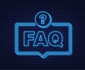 Frequently asked questions FAQ banner. Neon icon. Computer with question icons. Vector illustration. Royalty Free Stock Photo