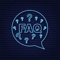 Frequently asked questions FAQ banner. Neon icon. Computer with question icons. Vector illustration. Royalty Free Stock Photo