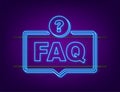 Frequently asked questions FAQ banner. Neon icon. Computer with question icons. Vector illustration Royalty Free Stock Photo