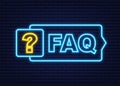 Frequently asked questions FAQ banner. Neon icon. Computer with question icons. Vector illustration. Royalty Free Stock Photo