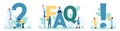 Frequently asked questions set, tiny man and woman looking for answers to questions
