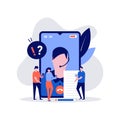 Frequently asked questions vector illustration concept with character talking with customer support. Modern vector illustration in